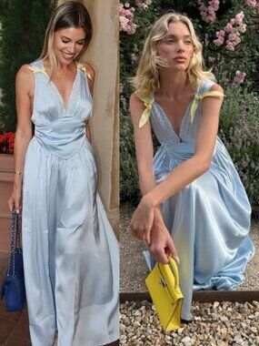 Helsa Celeste Silk Maxi Dress Powder Blue Yellow Bow Lace Sleeveless Size L